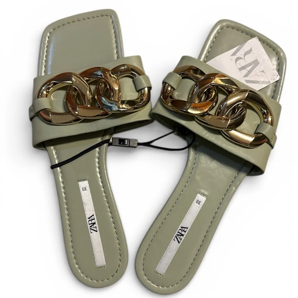 Zara Mint Green Sandals with Gold Chain Accent - Picture 8 of 10